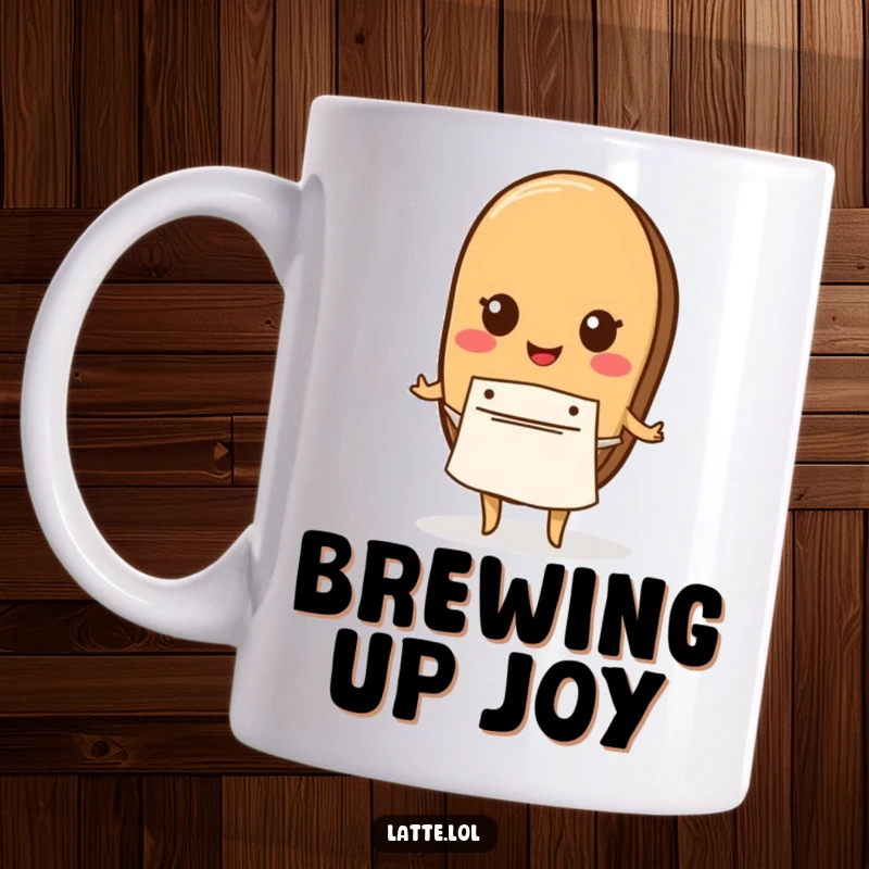 Funny mug featuring a cheerful coffee bean character dressed in a tiny apron, ready to brew.