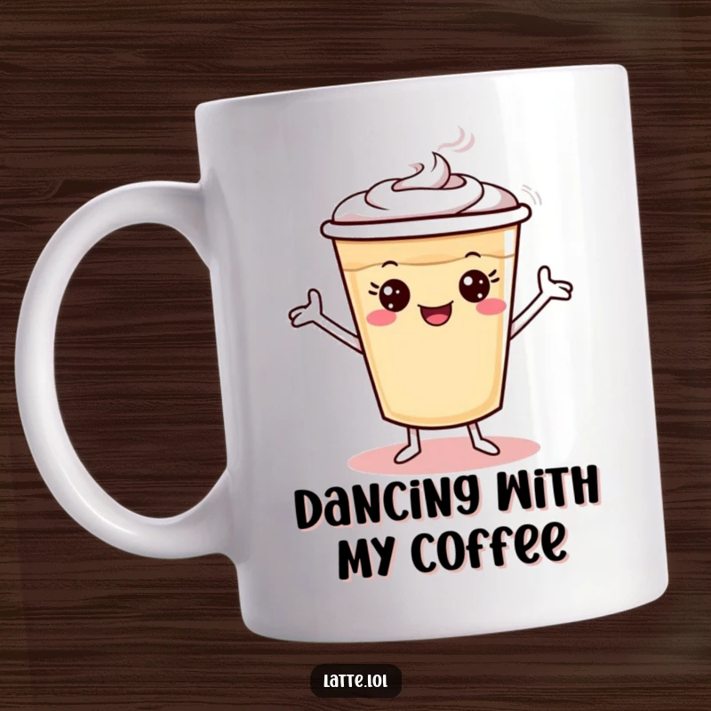 Funny latte cup mug with tiny arms doing a silly dance, radiating pure, uninhibited joy.