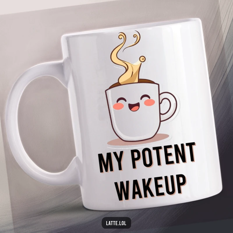 Funny mug featuring a happy espresso shot character with dramatic steam rising, exuding intense energy and morning power.