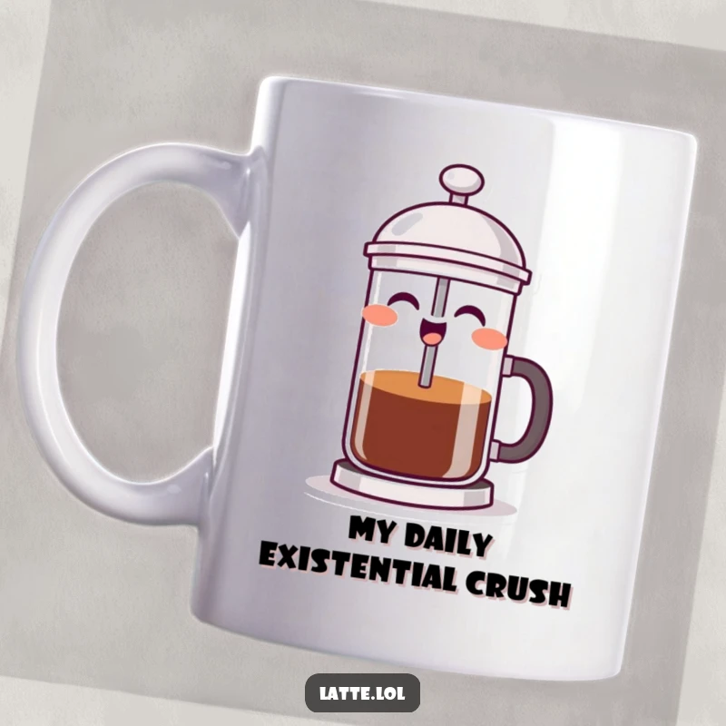 Funny French press coffee mug with a laughing character gleefully pushing its plunger, embodying morning energy and coffee delight.