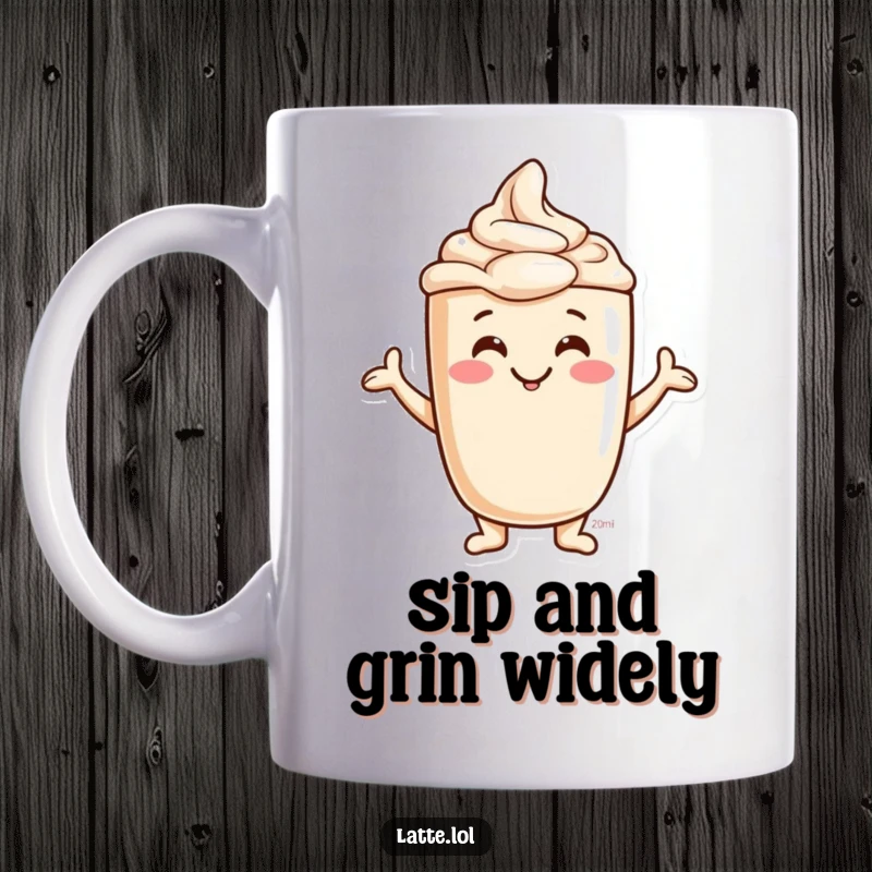 Funny Jovial Latte Foam Mug with a smiling character making silly shapes in the foam. A delightful coffee companion.