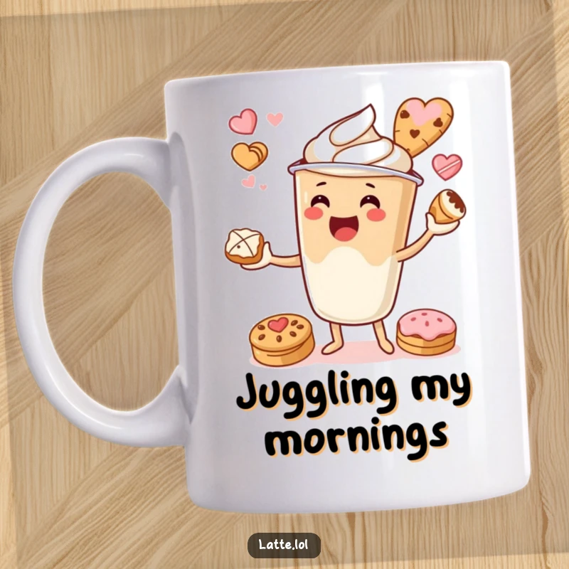 Funny mug featuring a smiling latte cup character skillfully juggling various delicious pastries.