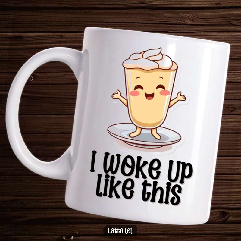 Funny mug featuring a smiling latte character joyfully dancing on a saucer, full of energy and happiness.