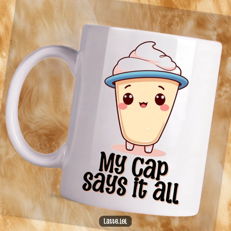 Funny mug with a latte foam character in a jaunty cap enjoying a sip of coffee.