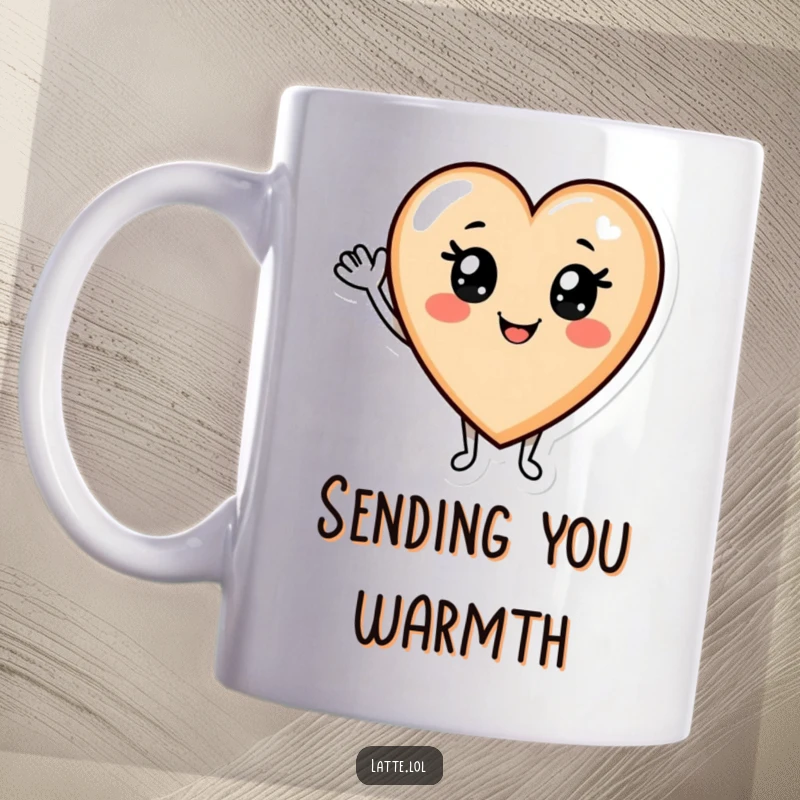Funny Latte Mug: Smiling latte art heart character cheerfully waving hello, radiating warmth and positive vibes.