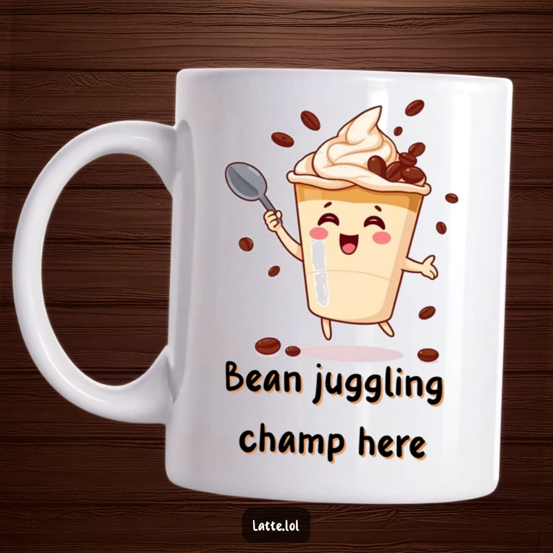 Funny mug with a smiling latte cup character expertly juggling coffee beans using a small spoon, full of energetic delight.