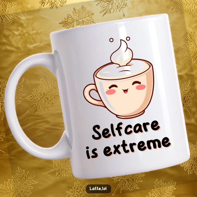 Funny latte cup character mug, happily sipping its own foamy head with a content expression, a delightful gift.