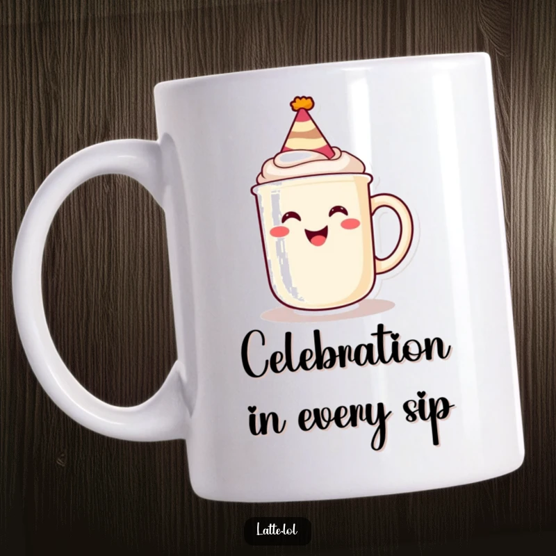 Funny mug featuring a grinning latte mug character wearing a tiny party hat, ready for a festive celebration.