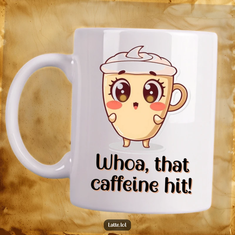 Funny mug with a latte cup character leaning back with wide, surprised eyes, conveying shock and amusement.