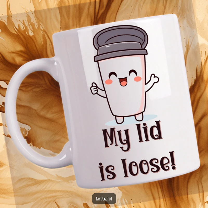 Funny travel mug with lid popping open in delight, overflowing with happy vibes. A cheerful character for your coffee.