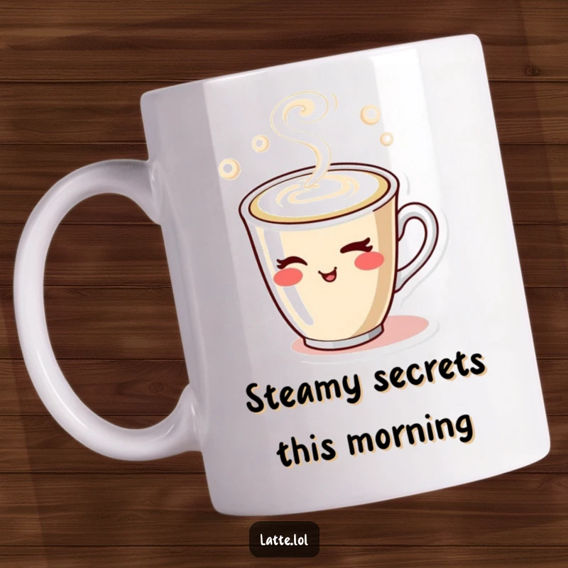 Funny mug featuring a cute latte cup character winking with playful steam, ideal for coffee lovers seeking a humorous morning brew.