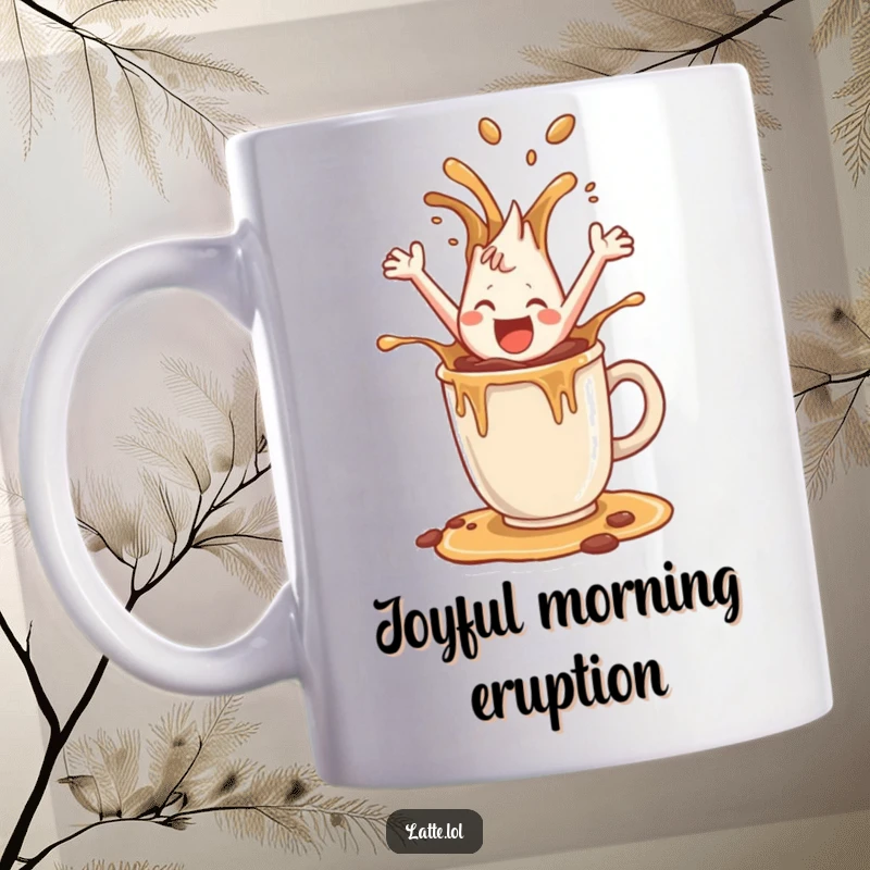 Funny mug with a happy coffee splash character joyfully leaping out of a mug, symbolizing energetic and positive mornings.