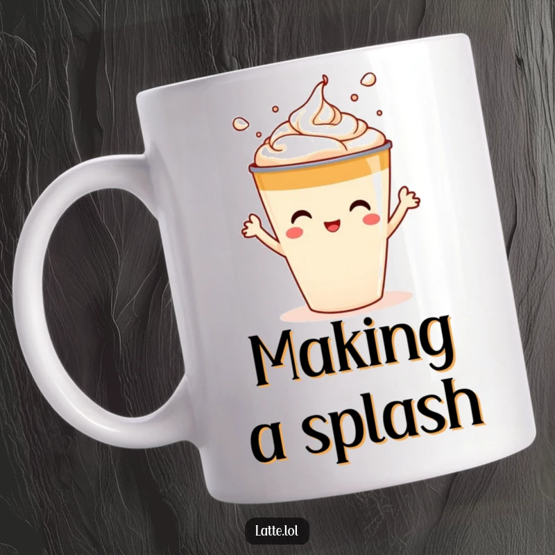 Funny mug showing a latte cup character with arms enthusiastically splashing foam art, creating a playful scene.