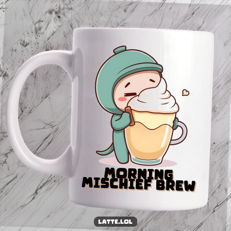 Funny mug featuring a mischievous coffee stirrer character playfully tickling a surprised latte foam character, depicting morning fun.