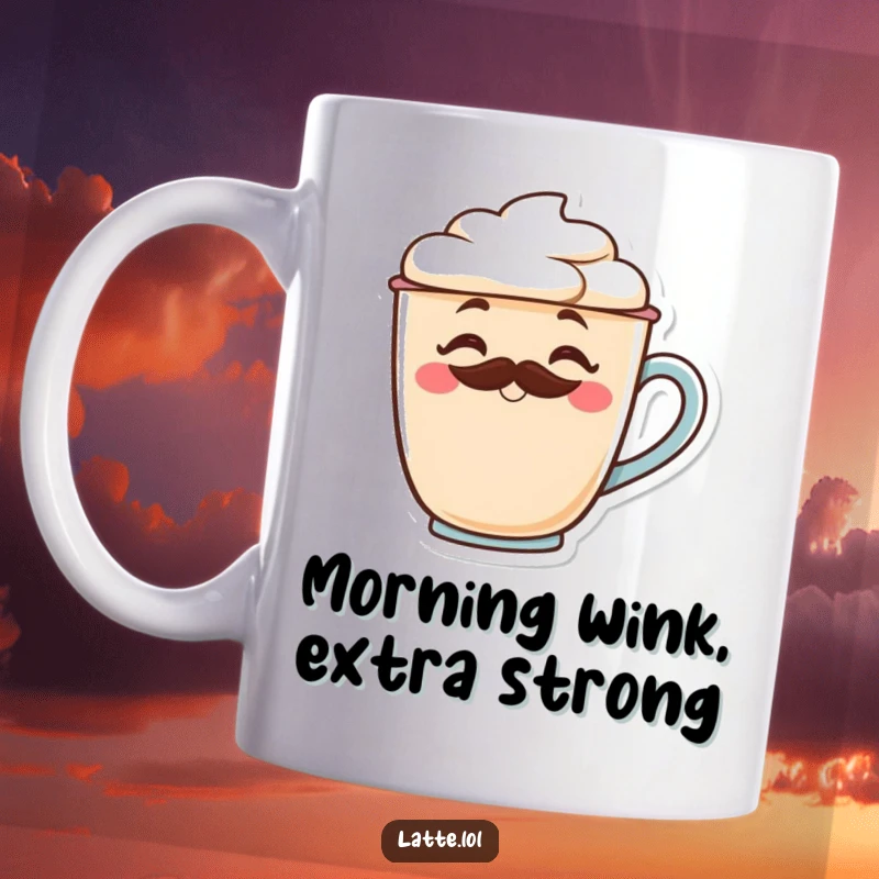 Funny smiling latte cup mug with a frothy mustache winking playfully, adding a touch of charm.