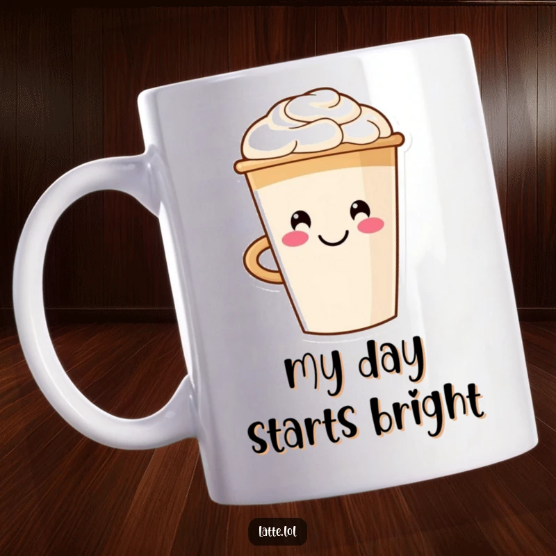 Funny mug featuring a smiling latte cup character with delightful foam art in the shape of a happy smiley face.
