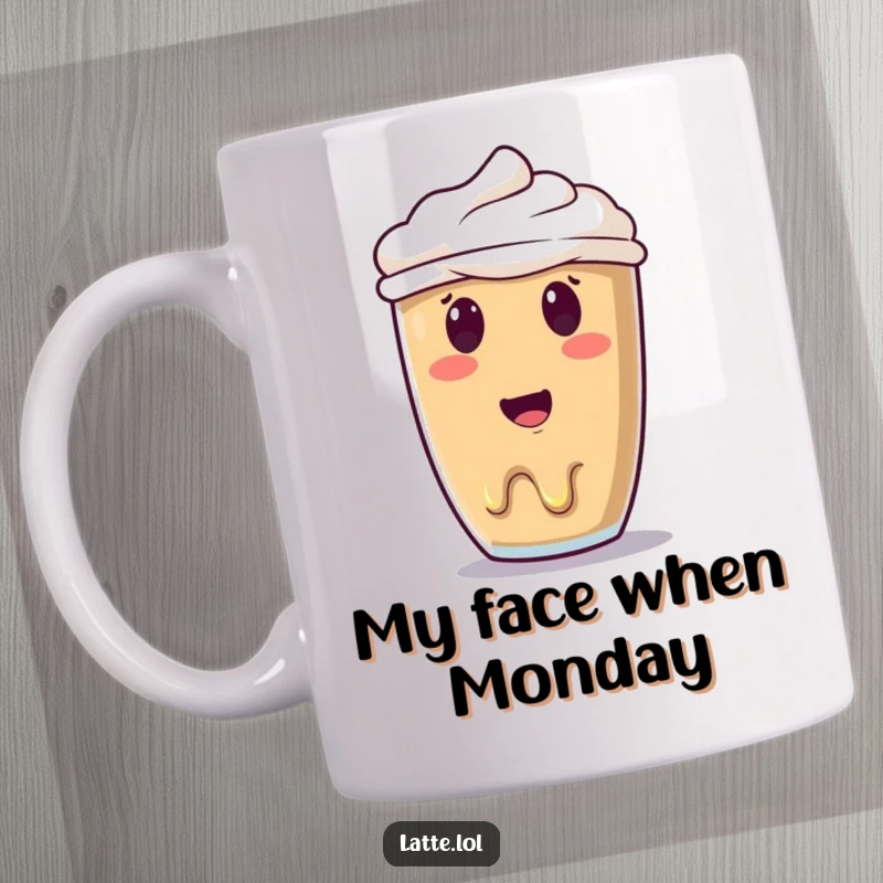 Funny latte art coffee mug featuring a surprised smiley face art that is comically melting, capturing morning bewilderment.