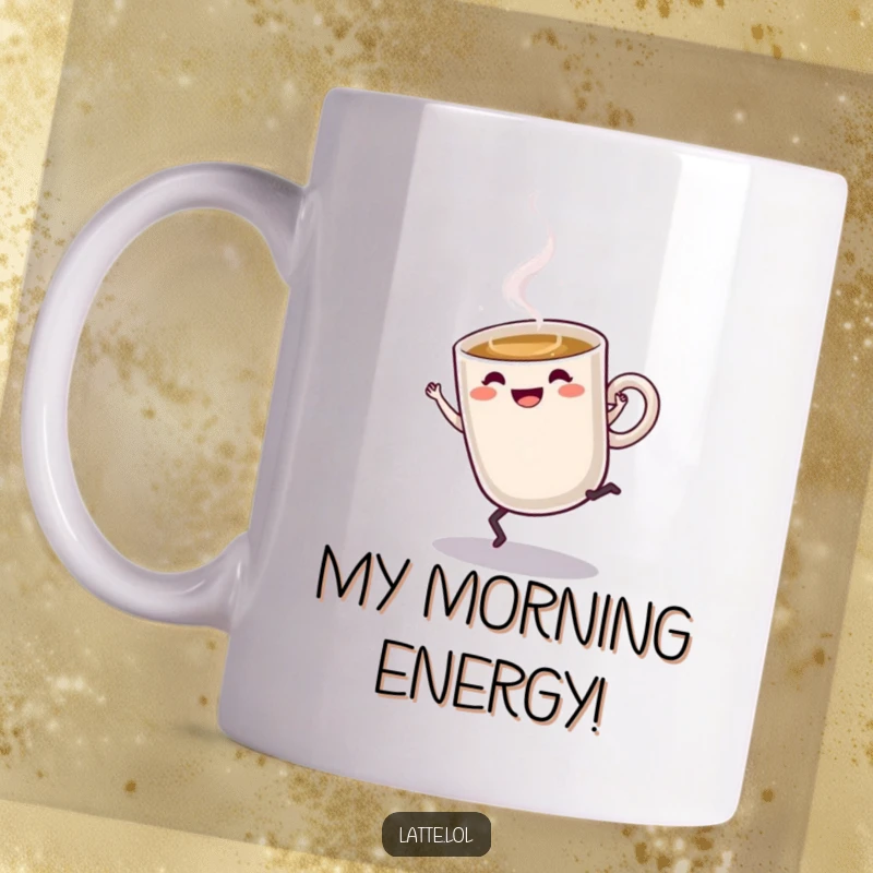 Funny Latte Mug: Steaming latte cup character enthusiastically doing a cartwheel, full of caffeinated energy.