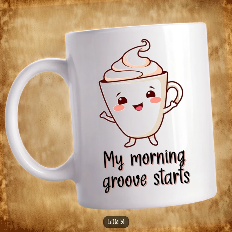 Funny mug with a smiling latte cup character dancing, foam swirl, radiating joy and morning energy. Cute coffee companion.