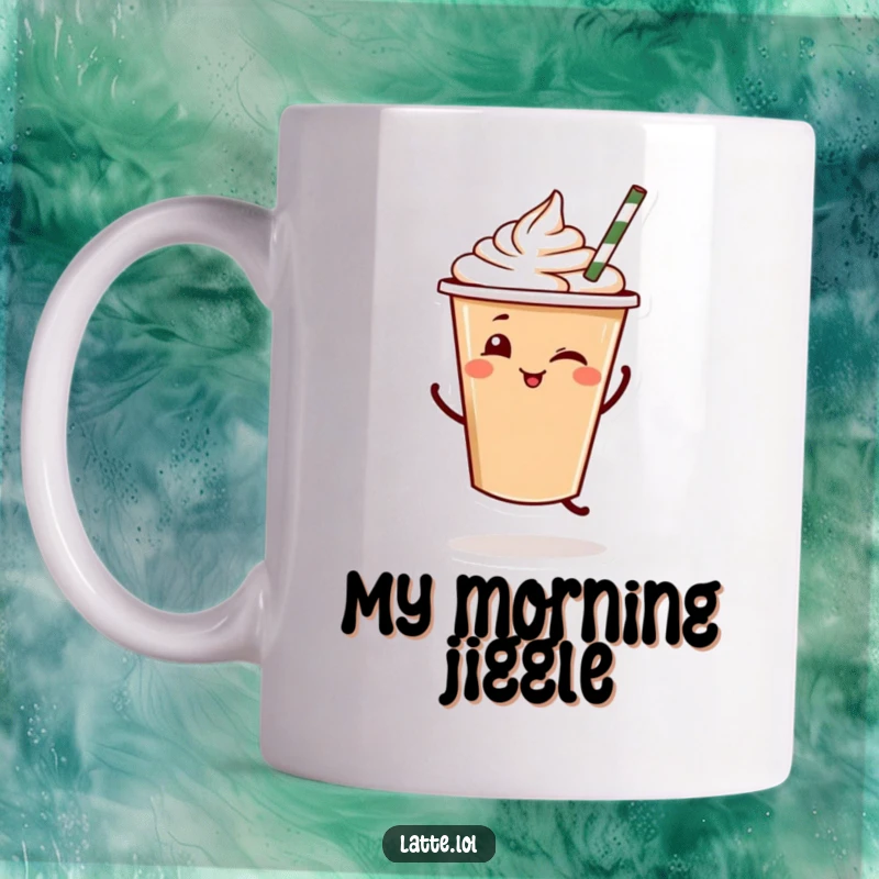 Funny Winky Latte Mug: A winking latte cup with a straw dances joyfully, a funny gift.