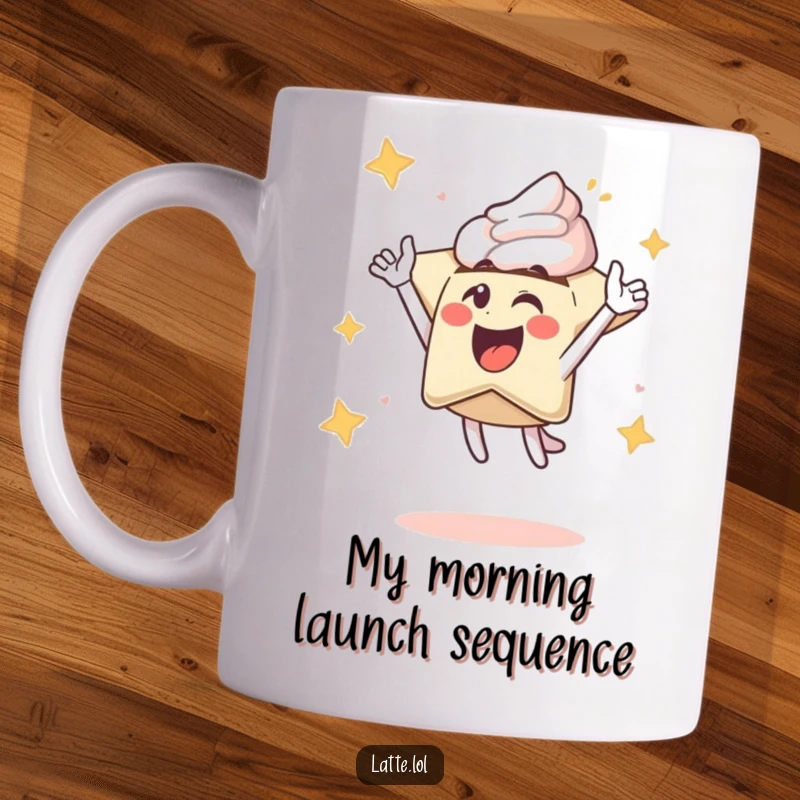 Funny mug featuring an excited latte art star character launching upwards with a flourish, symbolizing energetic mornings.