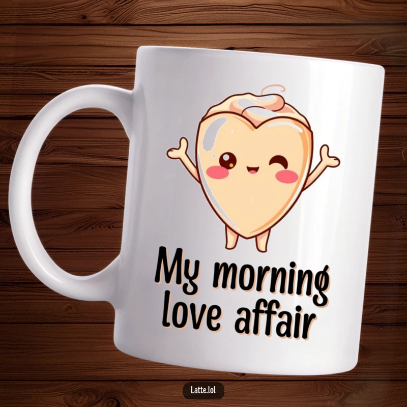 Funny mug with a kawaii latte heart character joyfully cheering with its arms up, celebrating with a smile.
