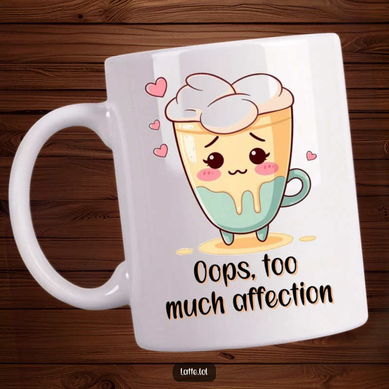 Funny mug featuring an embarrassed latte art heart character blushing red and spilling foam nervously.