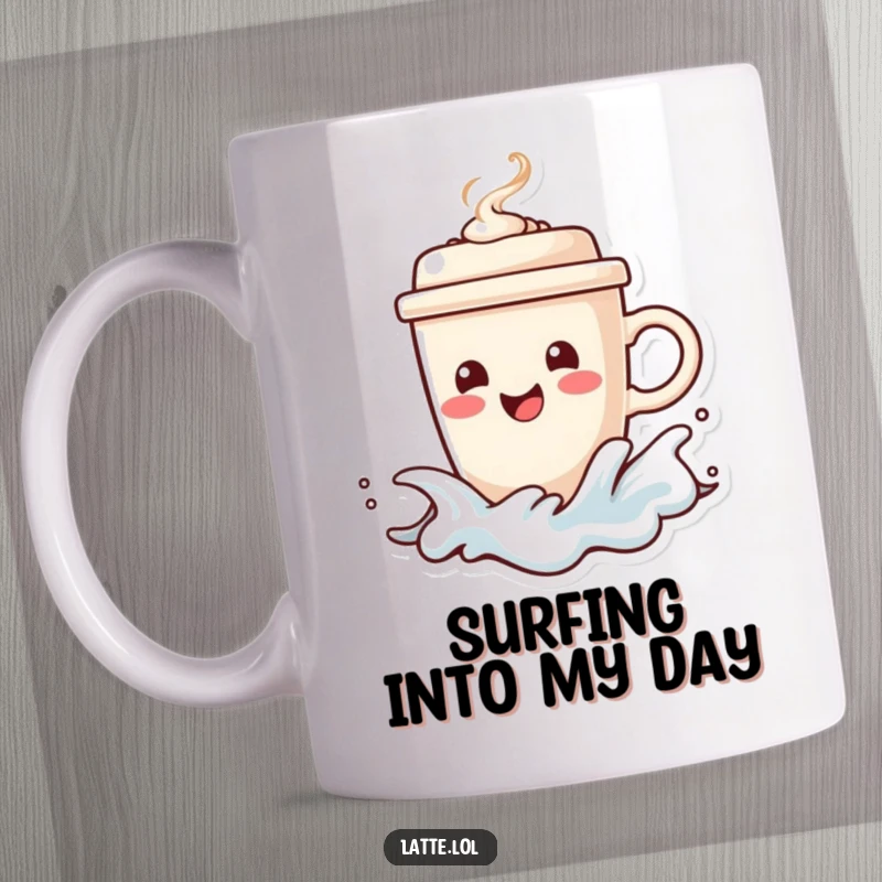 Funny mug with a happy coffee cup character surfing a frothy wave, steaming lid adding to the energetic ride. Coffee adventure.