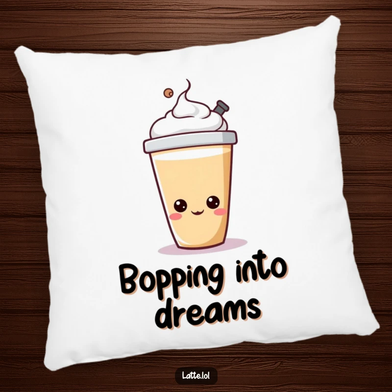Funny latte cup pillow with a cheerful character happily bopping its lid, for cozy moments.