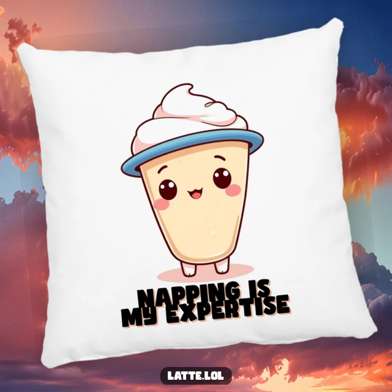 Funny pillow with a plush latte foam character wearing a jaunty cap, adding comfort and humor.