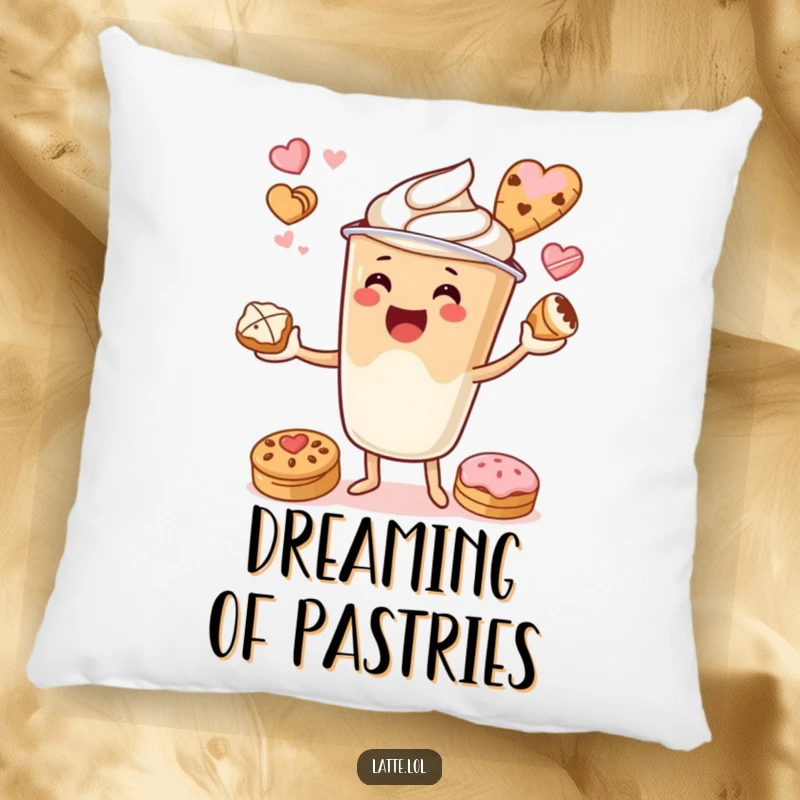 Funny pillow featuring a latte cup character juggling pastries, adding whimsical comfort to any space.