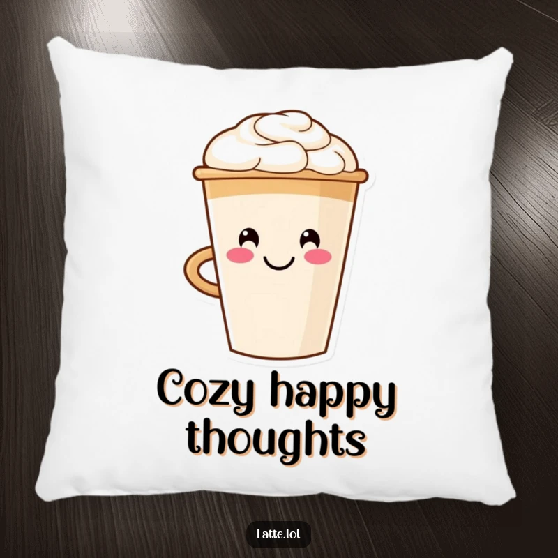 Funny decorative pillow with a smiling latte cup character and its signature smiley face foam art, perfect for comfort.