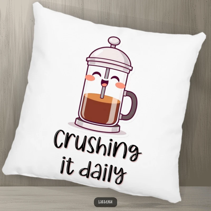 Funny French press pillow showcasing a laughing coffee character mid-plunge, offering a soft and humorous decorative touch.