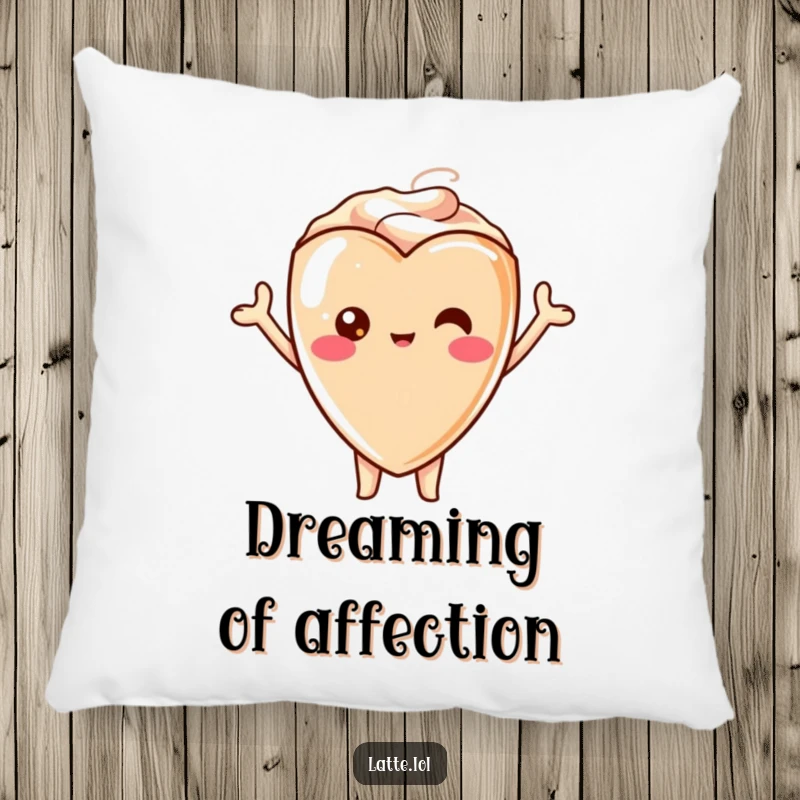 Funny decorative pillow with a kawaii latte heart character in a cheering pose, bringing a touch of warmth and humor.
