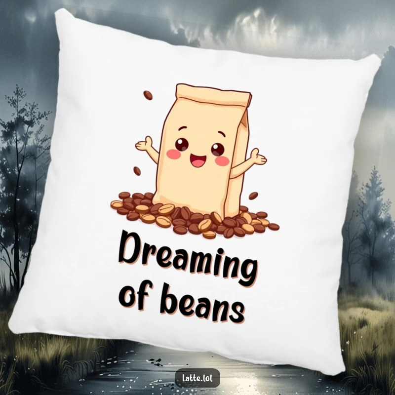 Funny pillow showcasing a gleeful coffee bag illustration, happily spilling coffee beans. Soft and comical home accent.