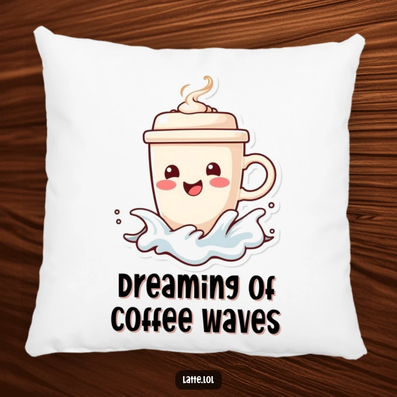 Funny pillow featuring a happy coffee cup character surfing a frothy wave, steaming lid intact. Cozy and fun decor.