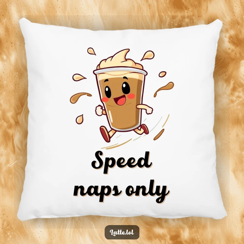 Funny pillow featuring a delighted espresso shot character spinning rapidly, with liquid trails. Soft and energetic decor.