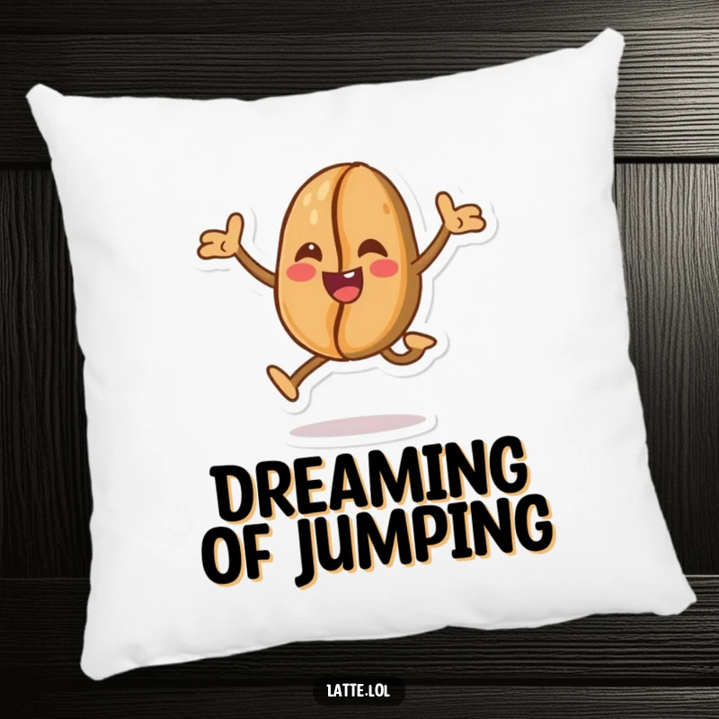 Funny decorative pillow with a cheerful coffee bean character in a joyful leap, perfect for adding comfort and energy.