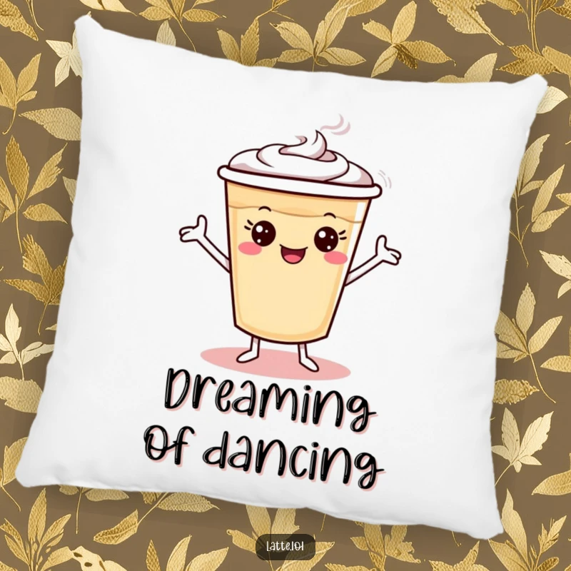 Funny latte cup pillow with tiny arms doing a silly dance, for cozy, fun moments.