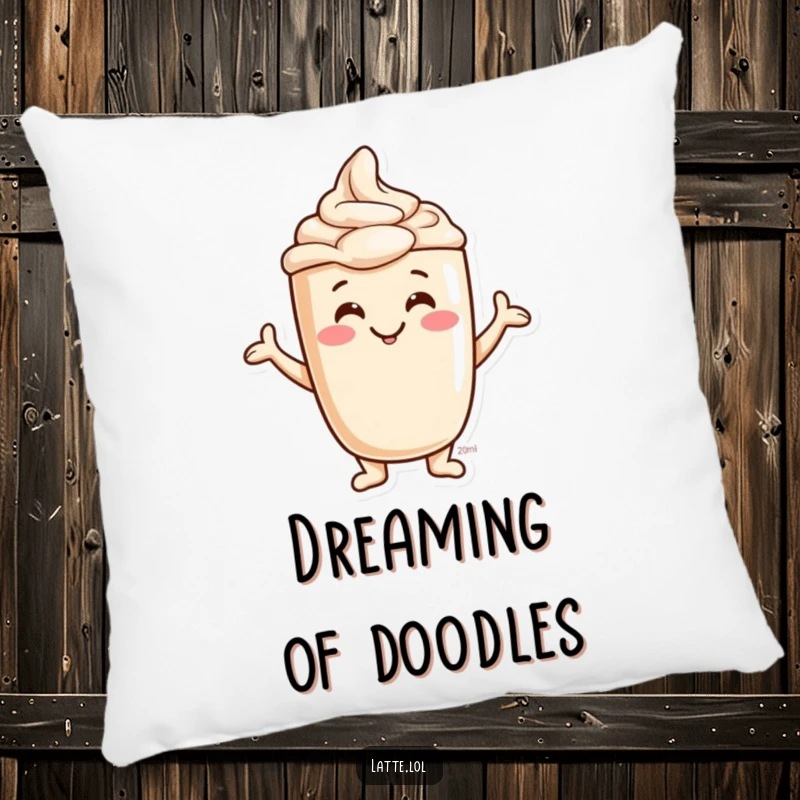Funny Jovial Latte Foam Pillow with a happy smiling character creating abstract shapes. A soft and humorous decor item.