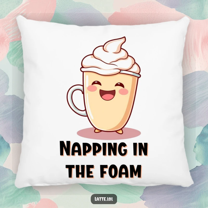 Funny pillow with a laughing latte cup character joyfully pouring extra foam, adding comfort and amusement.