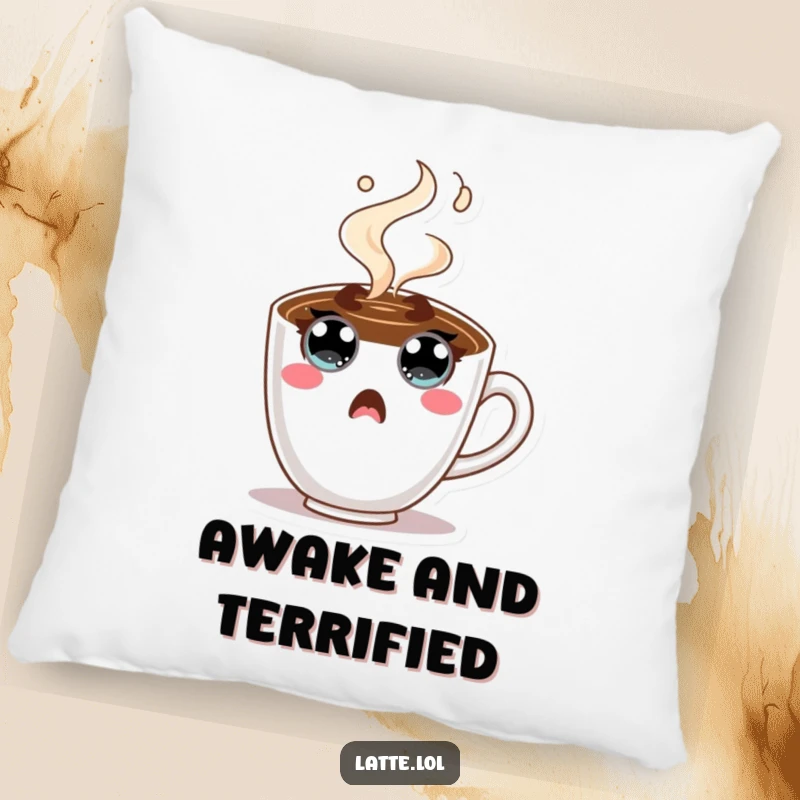 Funny Coffee Cup Pillow with a wide-eyed character and steam, showing a surprised reaction. A cozy and humorous home accessory.