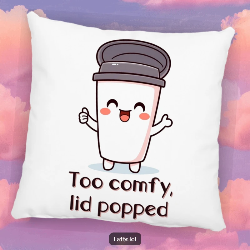 Funny pillow with a delighted travel mug character, lid popped open in a happy surprise. Soft and comical home decor.
