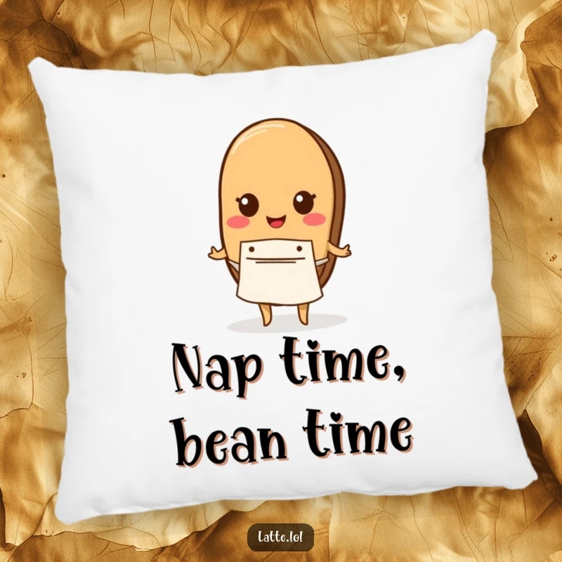 Funny pillow featuring a coffee bean character wearing a small apron, bringing comfort and coffee charm.