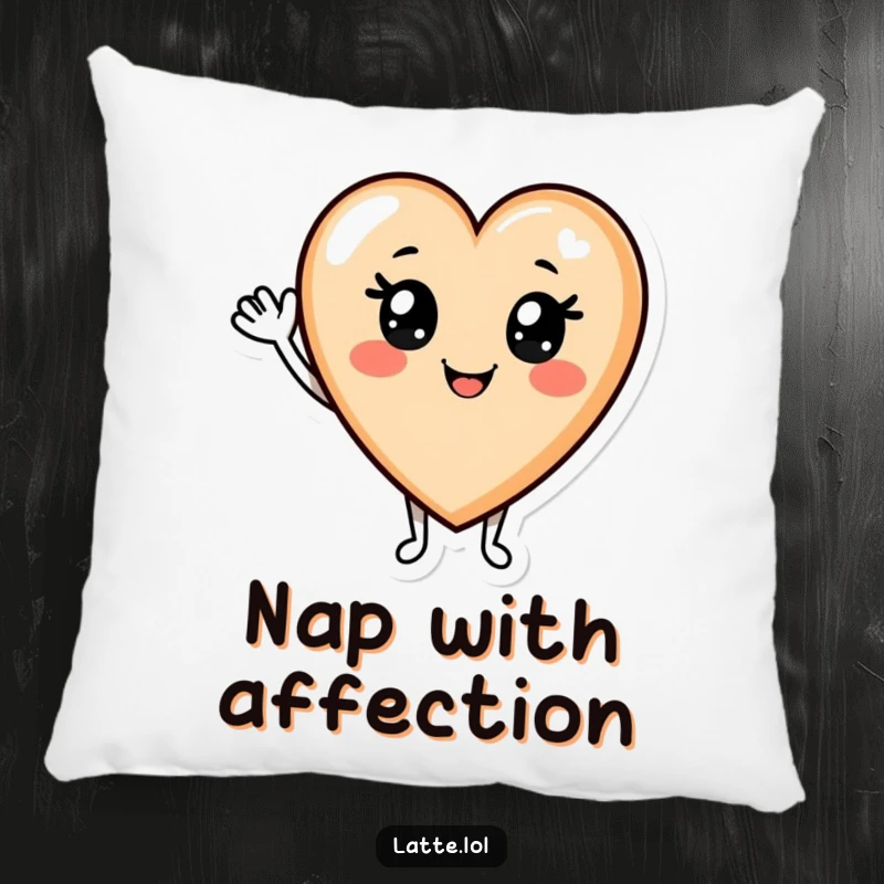 Funny Latte Pillow: A smiling latte art heart character waving hello, adding a touch of cute, warm humor.