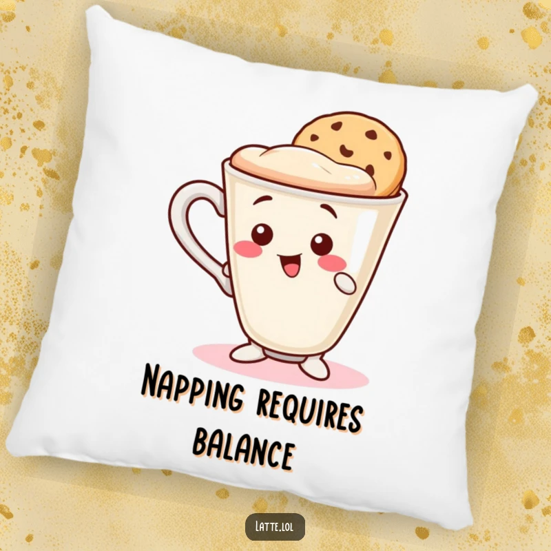Funny pillow featuring a wobbly latte cup character balancing a cookie wafer on its rim. Soft and whimsical.