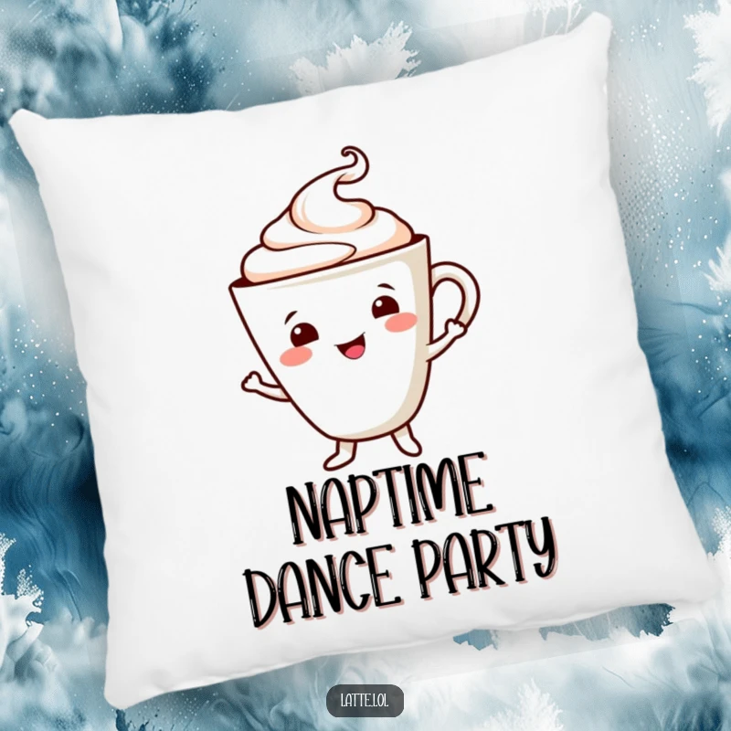 Funny pillow featuring a smiling latte cup character in a dance pose, with a cheerful foam swirl. Soft and whimsical decor.