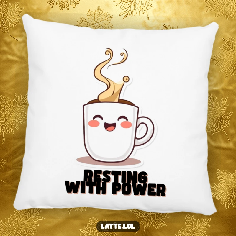 Funny decorative pillow with a happy espresso shot character and dramatic steam, perfect for adding comfort and bold energy.