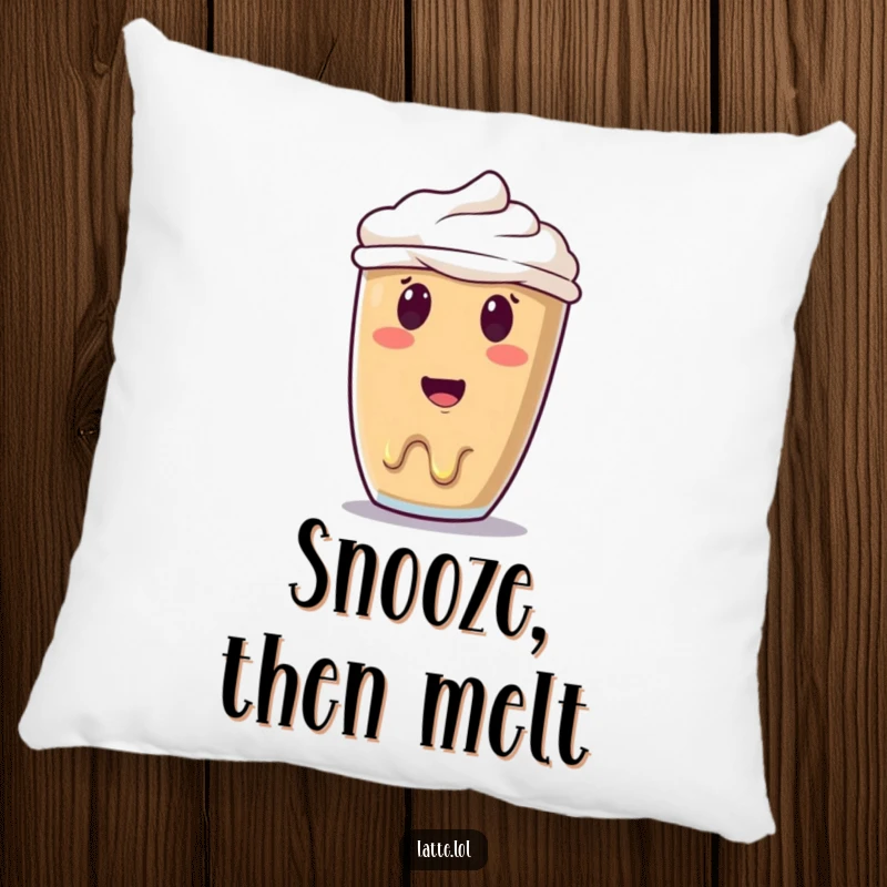 Funny melting latte art pillow featuring a surprised smiley face art in the process of melting, offering plush comfort and humor.