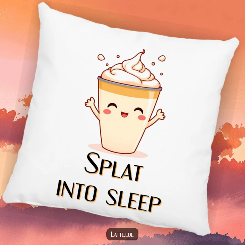 Funny decorative pillow showing a latte cup character playfully splashing foam art, adding comfort and quirky charm.